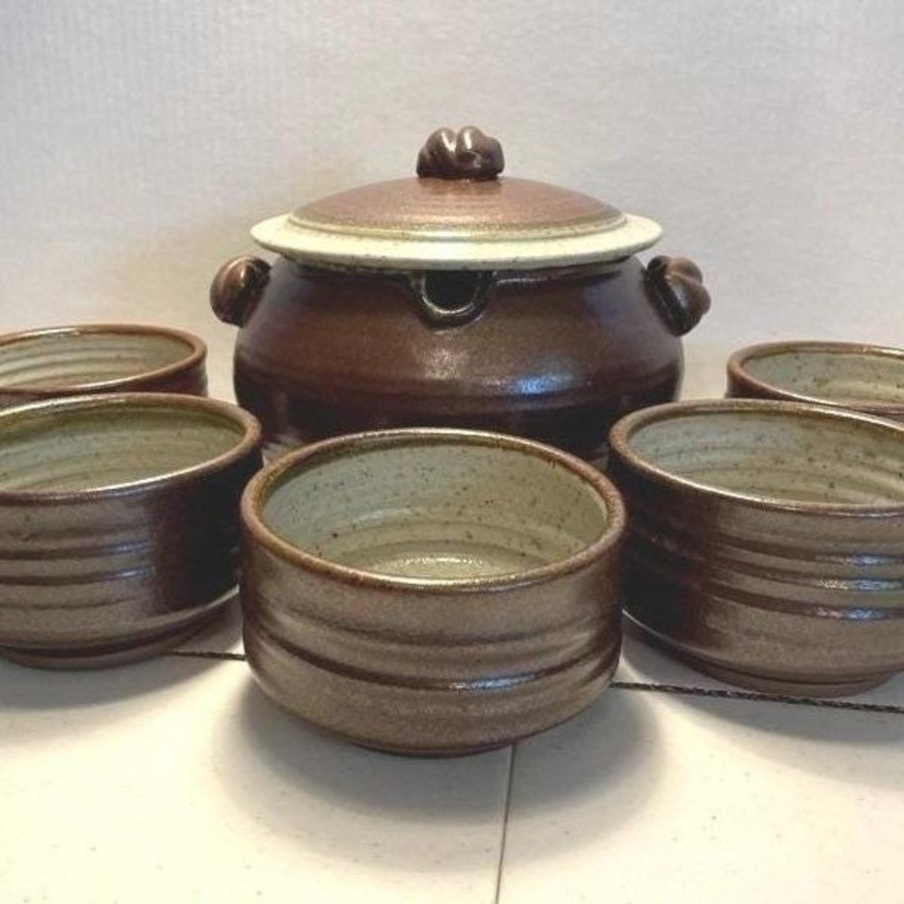 Studio Soup Tureen Lid 5 Bowls Pottery Clay Brown Gray Artisan Signed